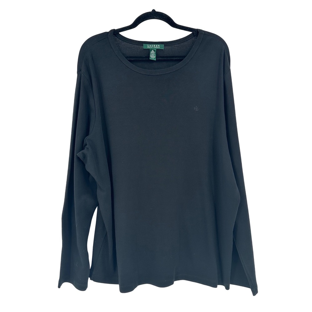 Lauren Ralph Lauren Womens 3X Black Cotton Long Sleeve Crew Neck‎ Logo Tee Shirt